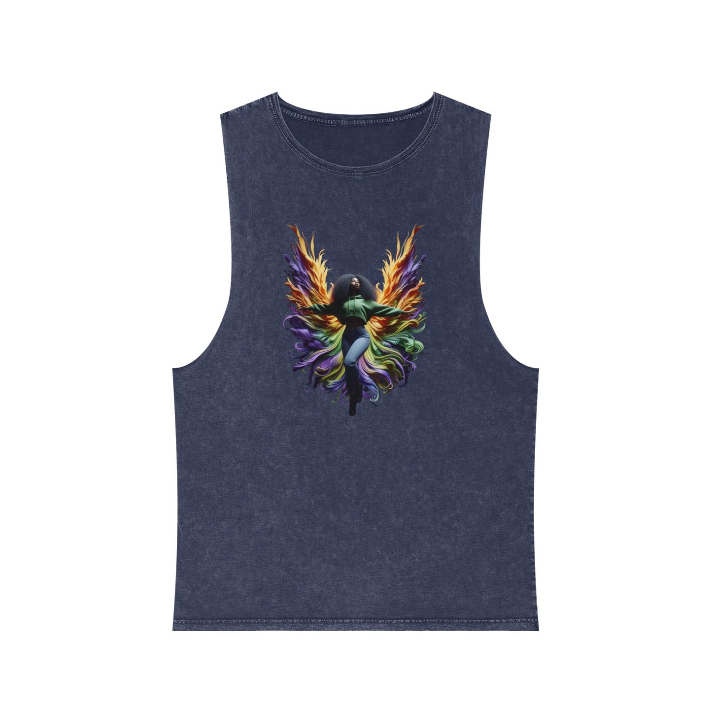 Colorful Angel Wings Tank Top, Unisex Stonewash T-Shirt, Summer Apparel, Music Festival Outfit, Boho Style Clothing