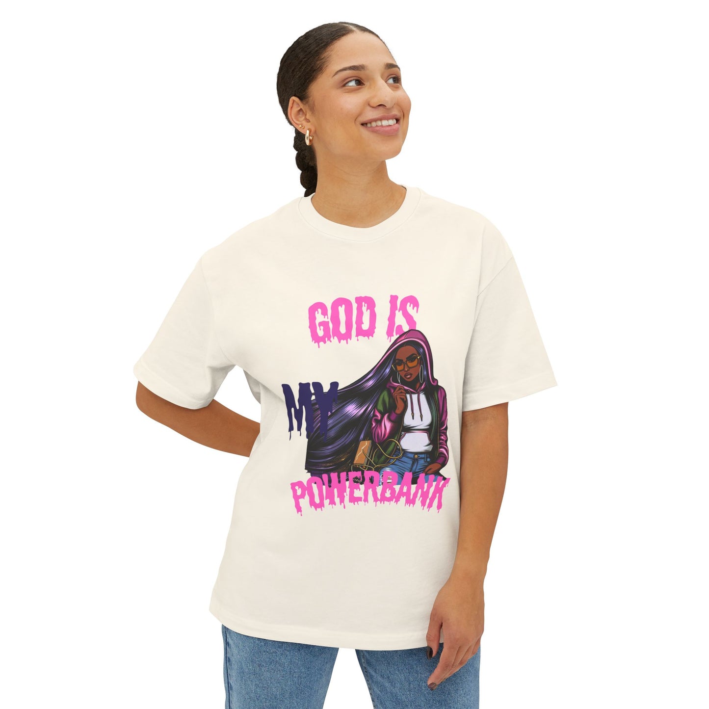 Empowering Graphic Tee - "God is My Powersbank" Unisex Oversized Boxy Tee, Inspirational Shirt, Casual Wear, Street Style, Daily Comfort