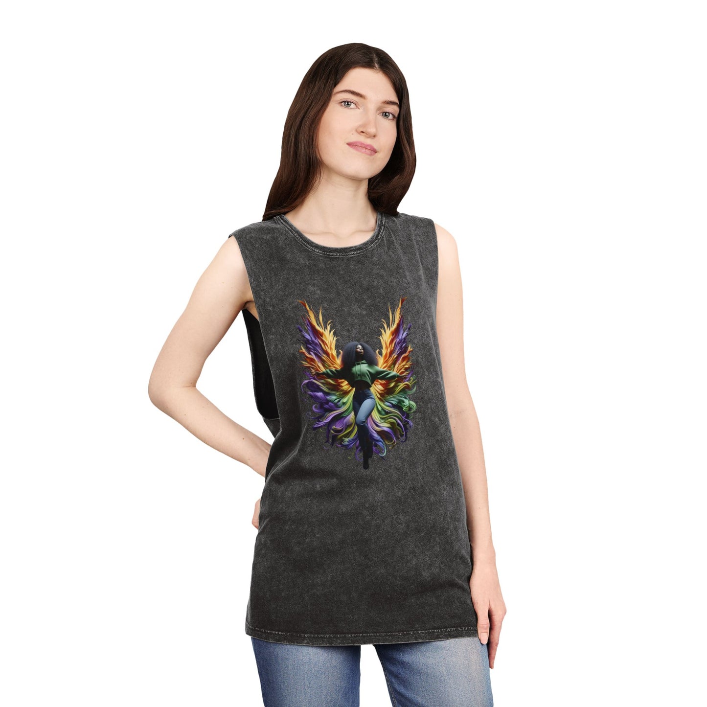 Colorful Angel Wings Tank Top, Unisex Stonewash T-Shirt, Summer Apparel, Music Festival Outfit, Boho Style Clothing