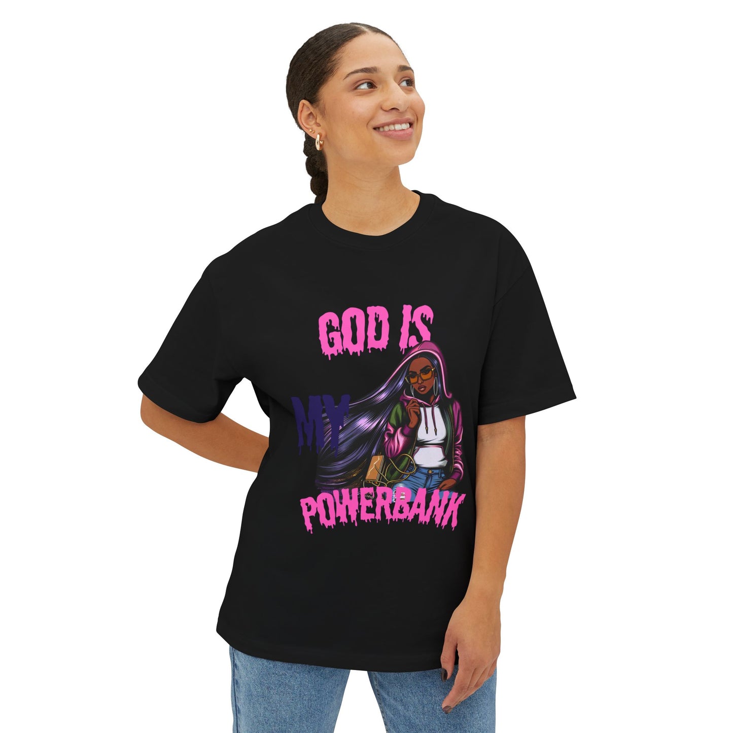 Empowering Graphic Tee - "God is My Powersbank" Unisex Oversized Boxy Tee, Inspirational Shirt, Casual Wear, Street Style, Daily Comfort