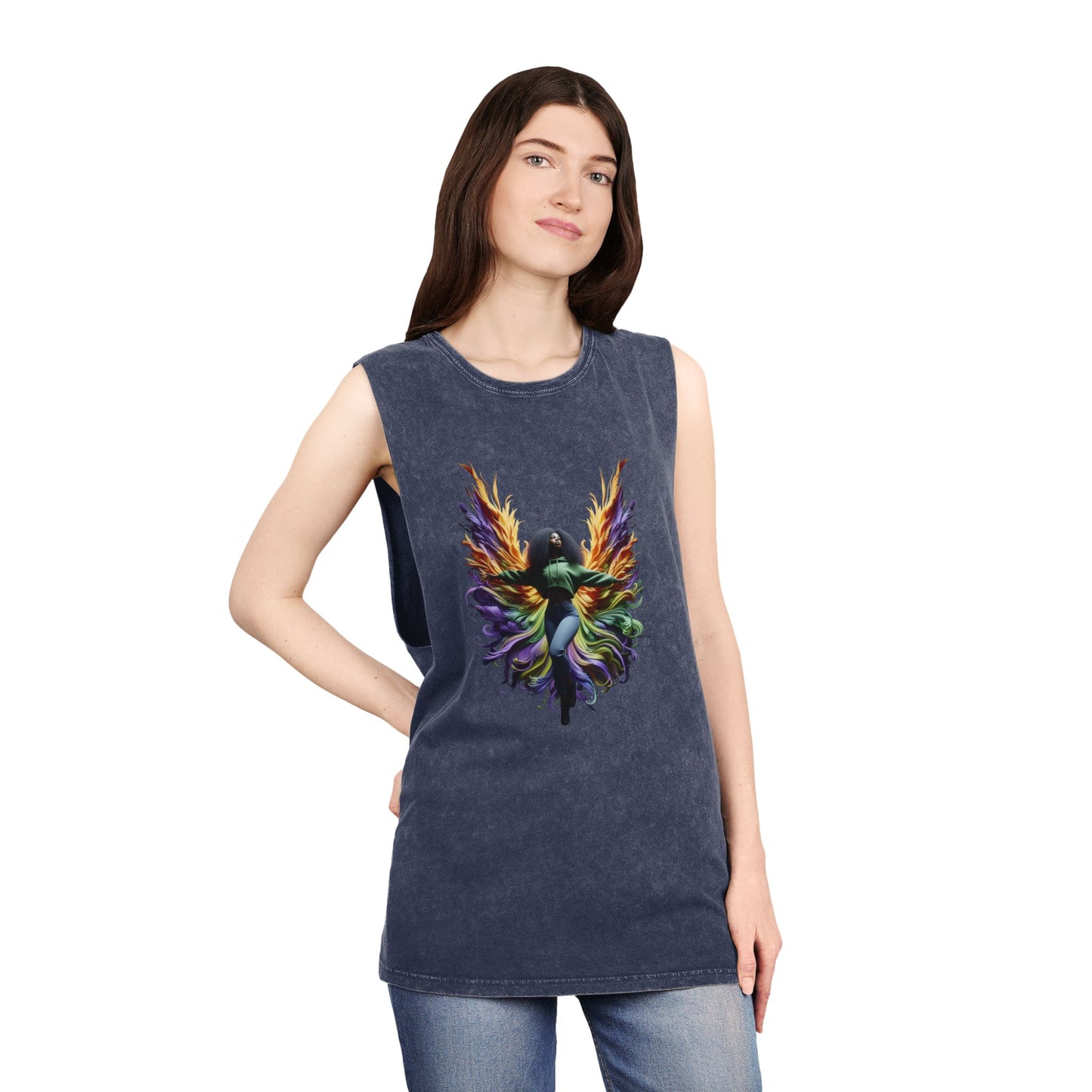 Colorful Angel Wings Tank Top, Unisex Stonewash T-Shirt, Summer Apparel, Music Festival Outfit, Boho Style Clothing