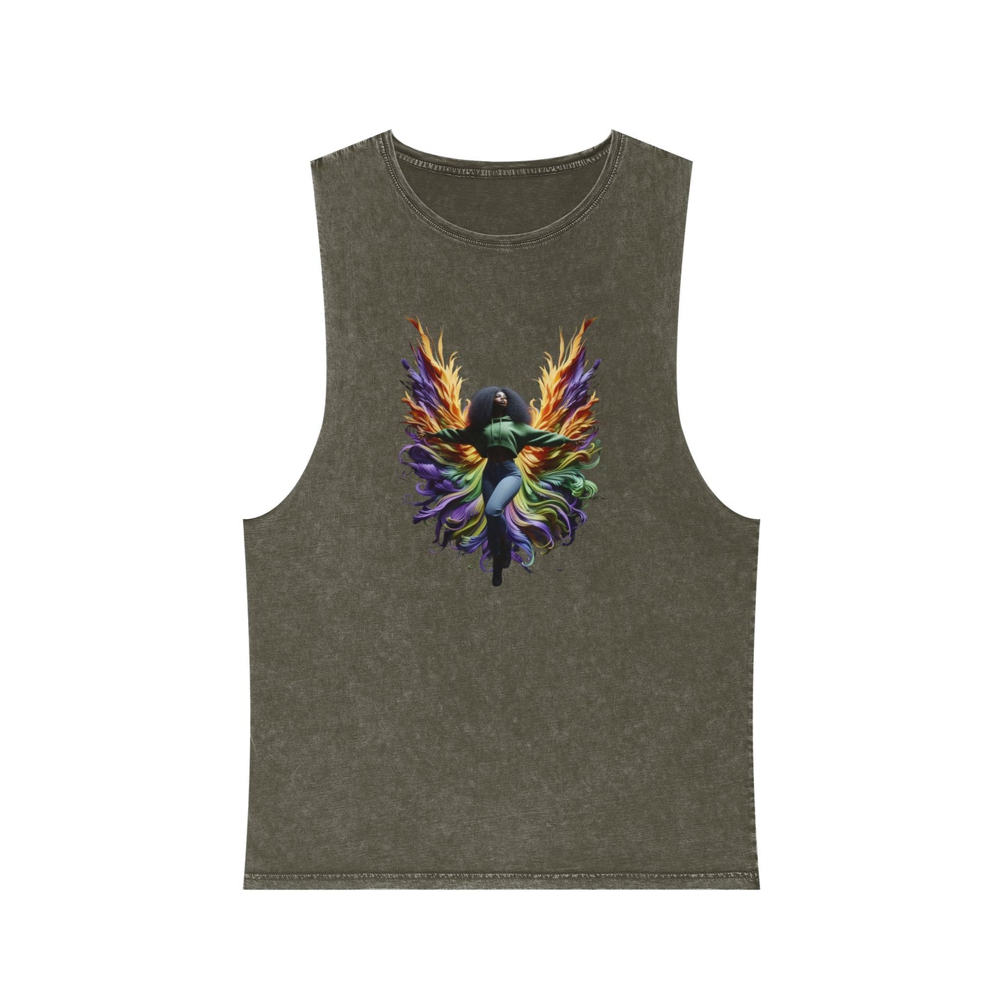 Colorful Angel Wings Tank Top, Unisex Stonewash T-Shirt, Summer Apparel, Music Festival Outfit, Boho Style Clothing