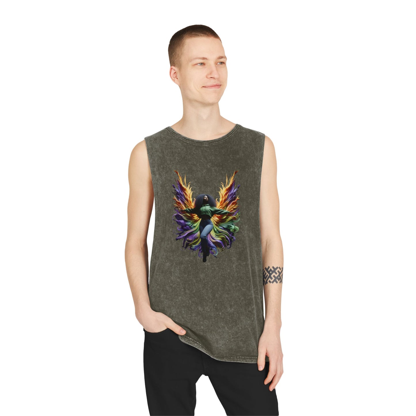 Colorful Angel Wings Tank Top, Unisex Stonewash T-Shirt, Summer Apparel, Music Festival Outfit, Boho Style Clothing