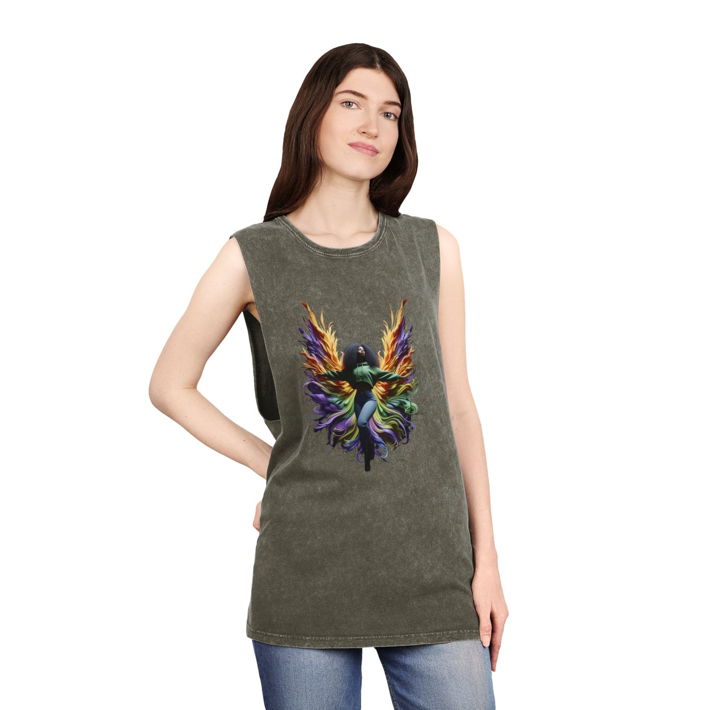 Colorful Angel Wings Tank Top, Unisex Stonewash T-Shirt, Summer Apparel, Music Festival Outfit, Boho Style Clothing