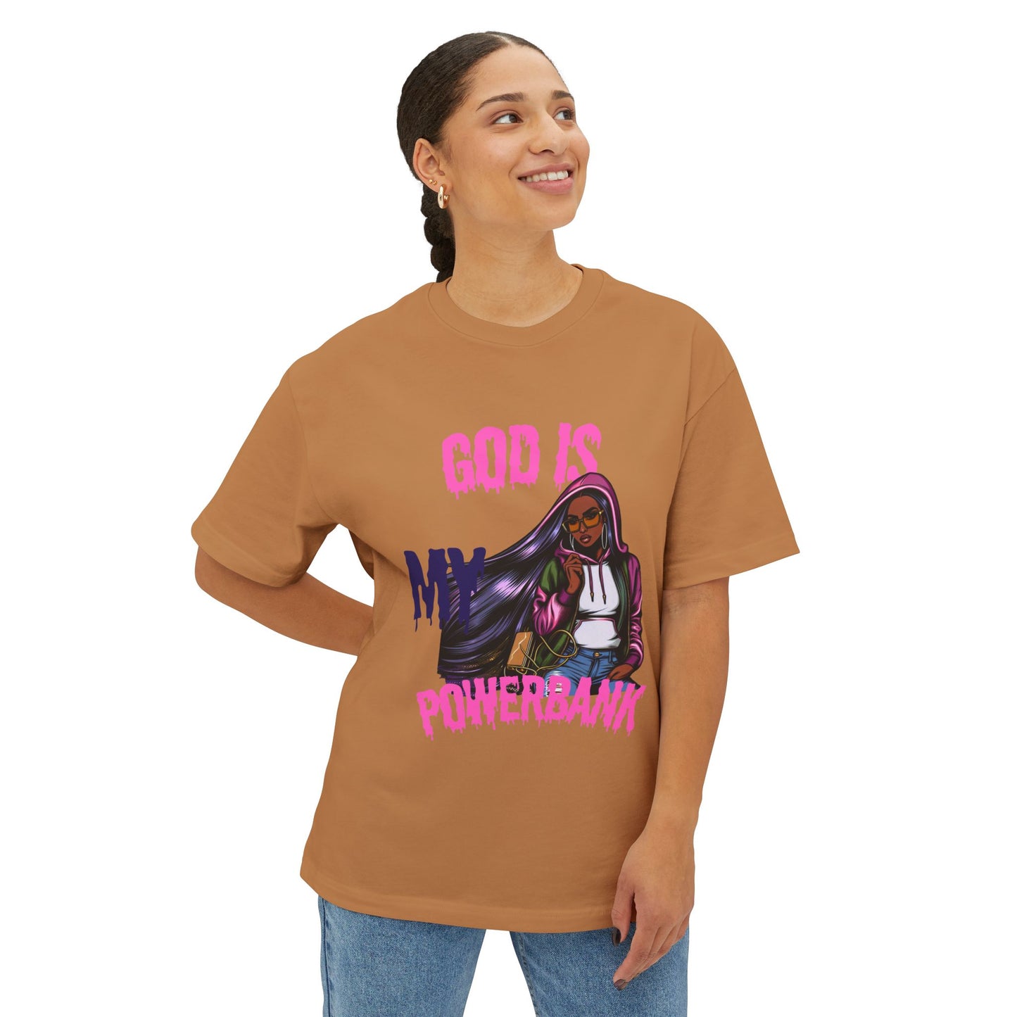 Empowering Graphic Tee - "God is My Powersbank" Unisex Oversized Boxy Tee, Inspirational Shirt, Casual Wear, Street Style, Daily Comfort