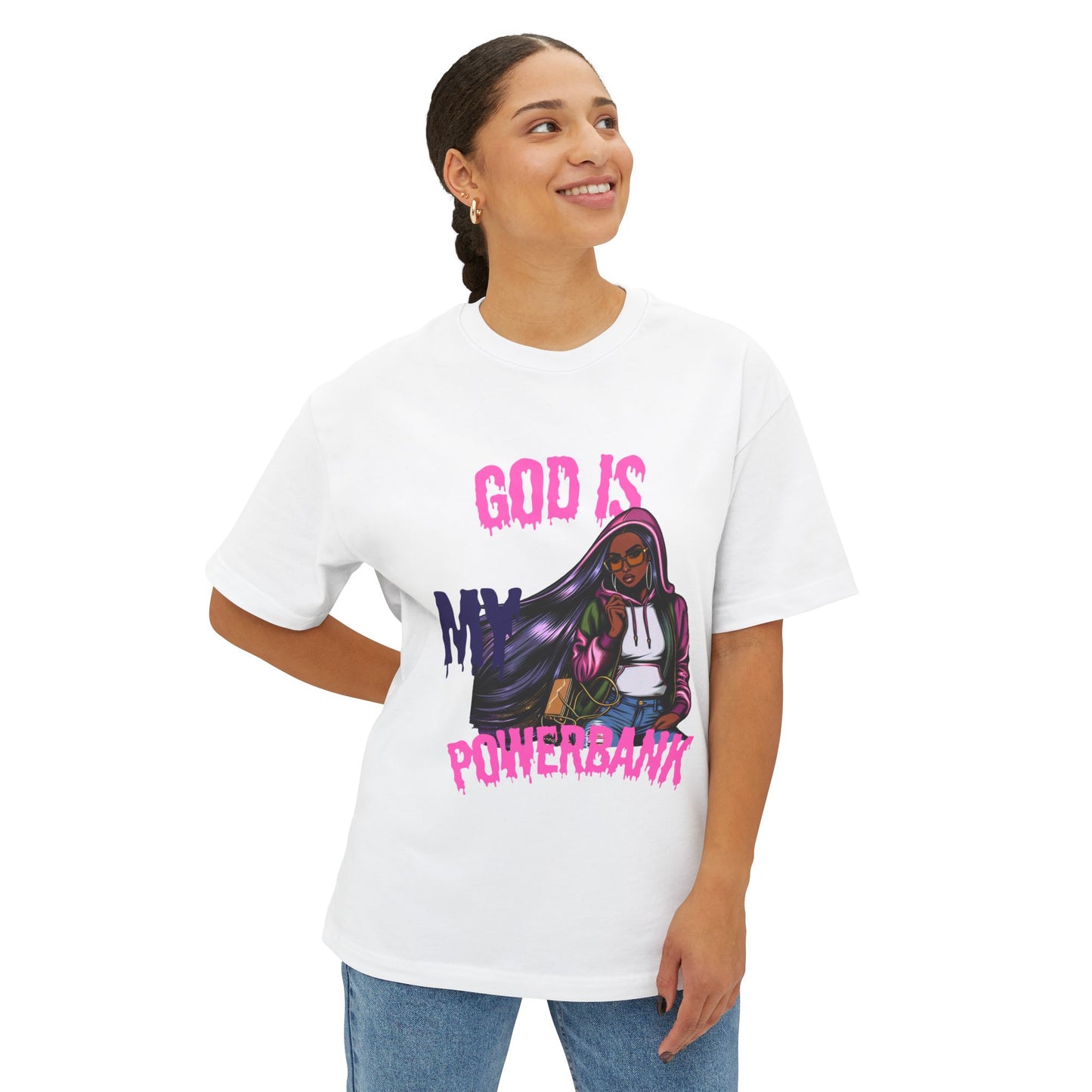 Empowering Graphic Tee - "God is My Powersbank" Unisex Oversized Boxy Tee, Inspirational Shirt, Casual Wear, Street Style, Daily Comfort