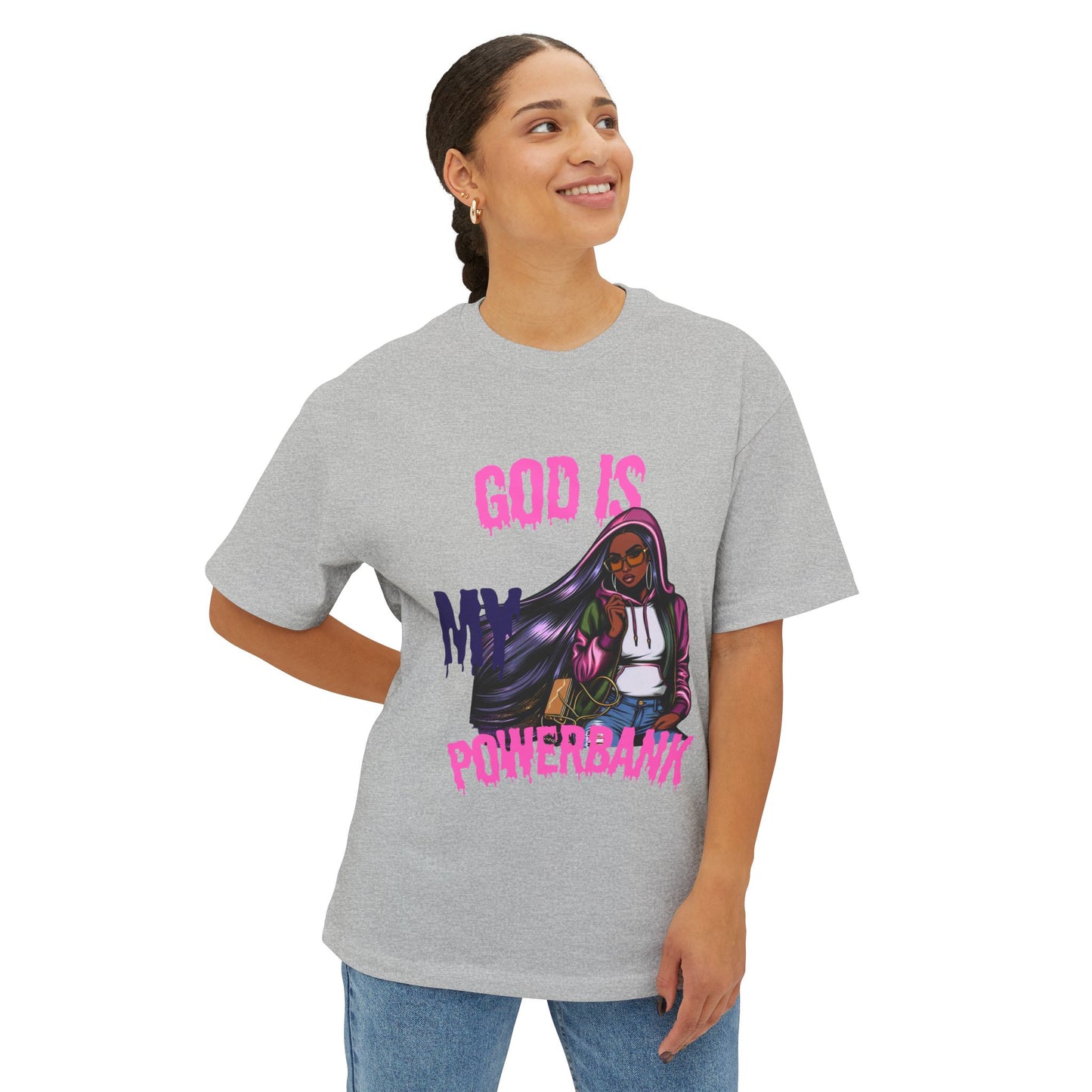 Empowering Graphic Tee - "God is My Powersbank" Unisex Oversized Boxy Tee, Inspirational Shirt, Casual Wear, Street Style, Daily Comfort