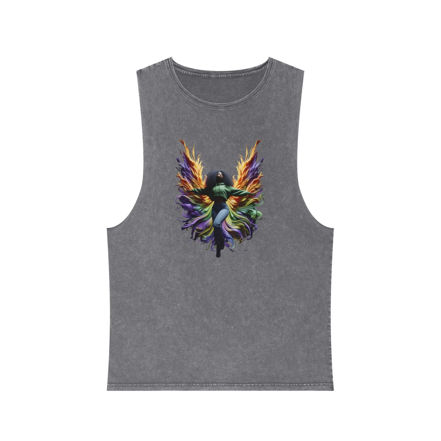 Colorful Angel Wings Tank Top, Unisex Stonewash T-Shirt, Summer Apparel, Music Festival Outfit, Boho Style Clothing