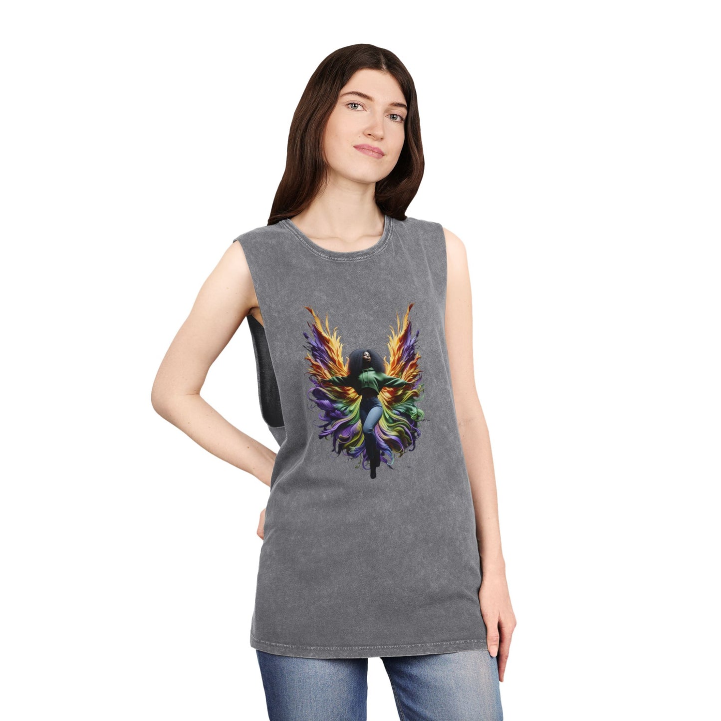 Colorful Angel Wings Tank Top, Unisex Stonewash T-Shirt, Summer Apparel, Music Festival Outfit, Boho Style Clothing