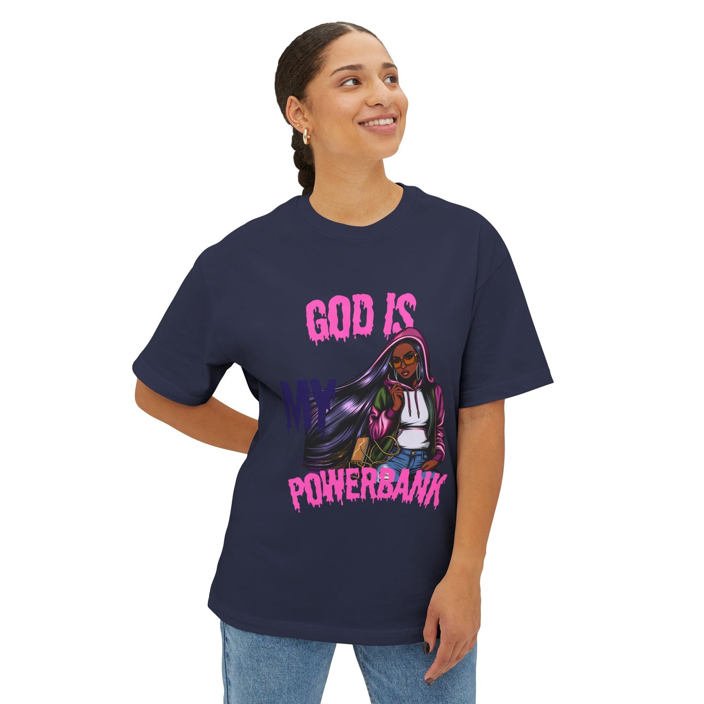 Empowering Graphic Tee - "God is My Powersbank" Unisex Oversized Boxy Tee, Inspirational Shirt, Casual Wear, Street Style, Daily Comfort
