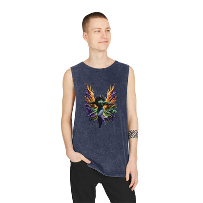 Colorful Angel Wings Tank Top, Unisex Stonewash T-Shirt, Summer Apparel, Music Festival Outfit, Boho Style Clothing