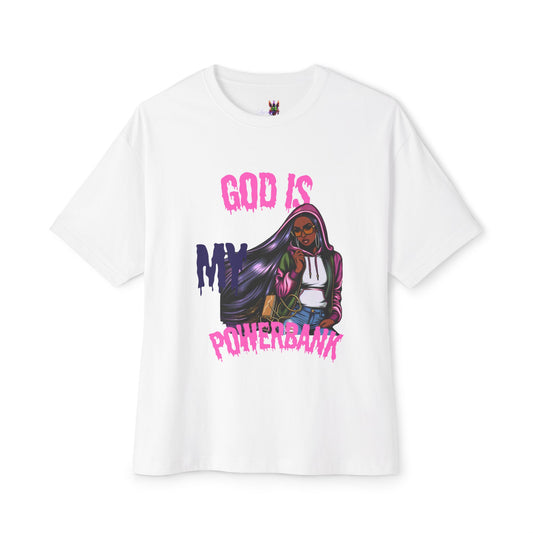 Empowering Graphic Tee - "God is My Powersbank" Unisex Oversized Boxy Tee, Inspirational Shirt, Casual Wear, Street Style, Daily Comfort