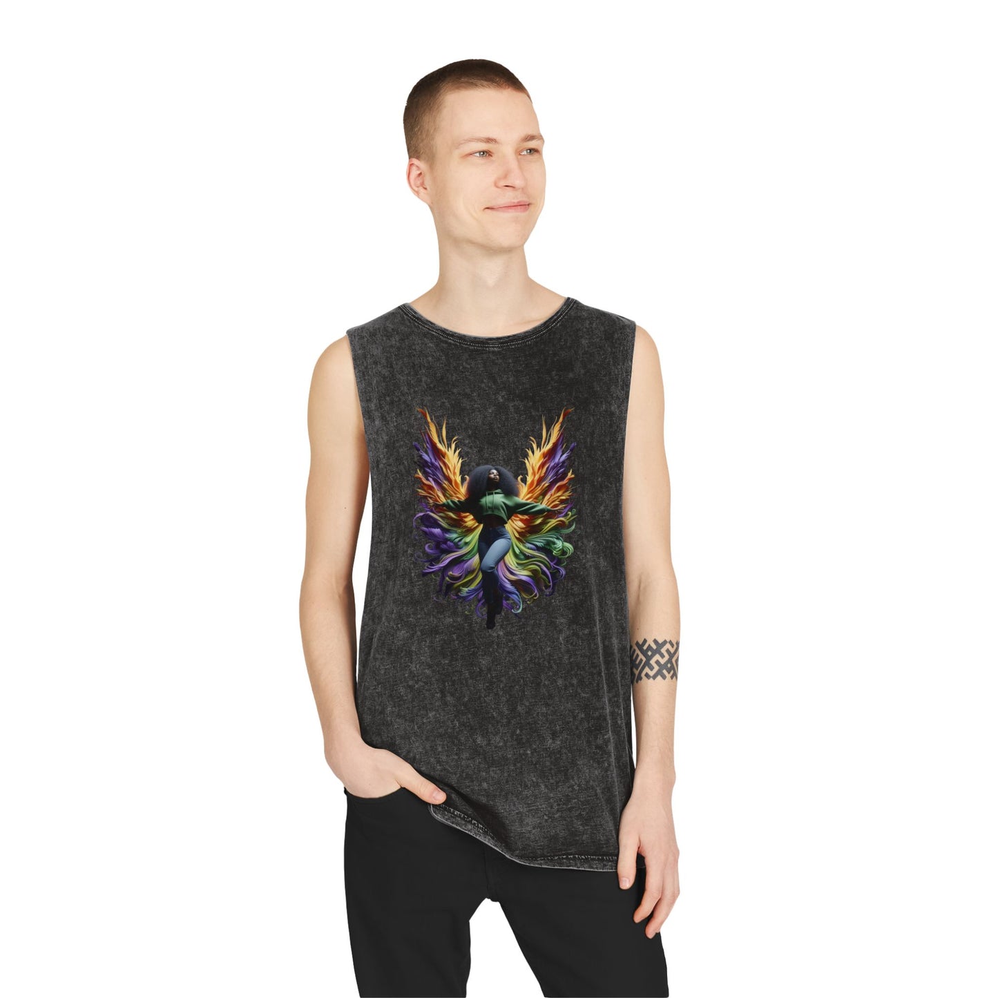 Colorful Angel Wings Tank Top, Unisex Stonewash T-Shirt, Summer Apparel, Music Festival Outfit, Boho Style Clothing