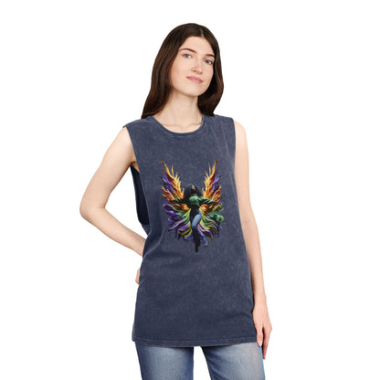 Colorful Angel Wings Tank Top, Unisex Stonewash T-Shirt, Summer Apparel, Music Festival Outfit, Boho Style Clothing