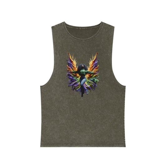 Colorful Angel Wings Tank Top, Unisex Stonewash T-Shirt, Summer Apparel, Music Festival Outfit, Boho Style Clothing