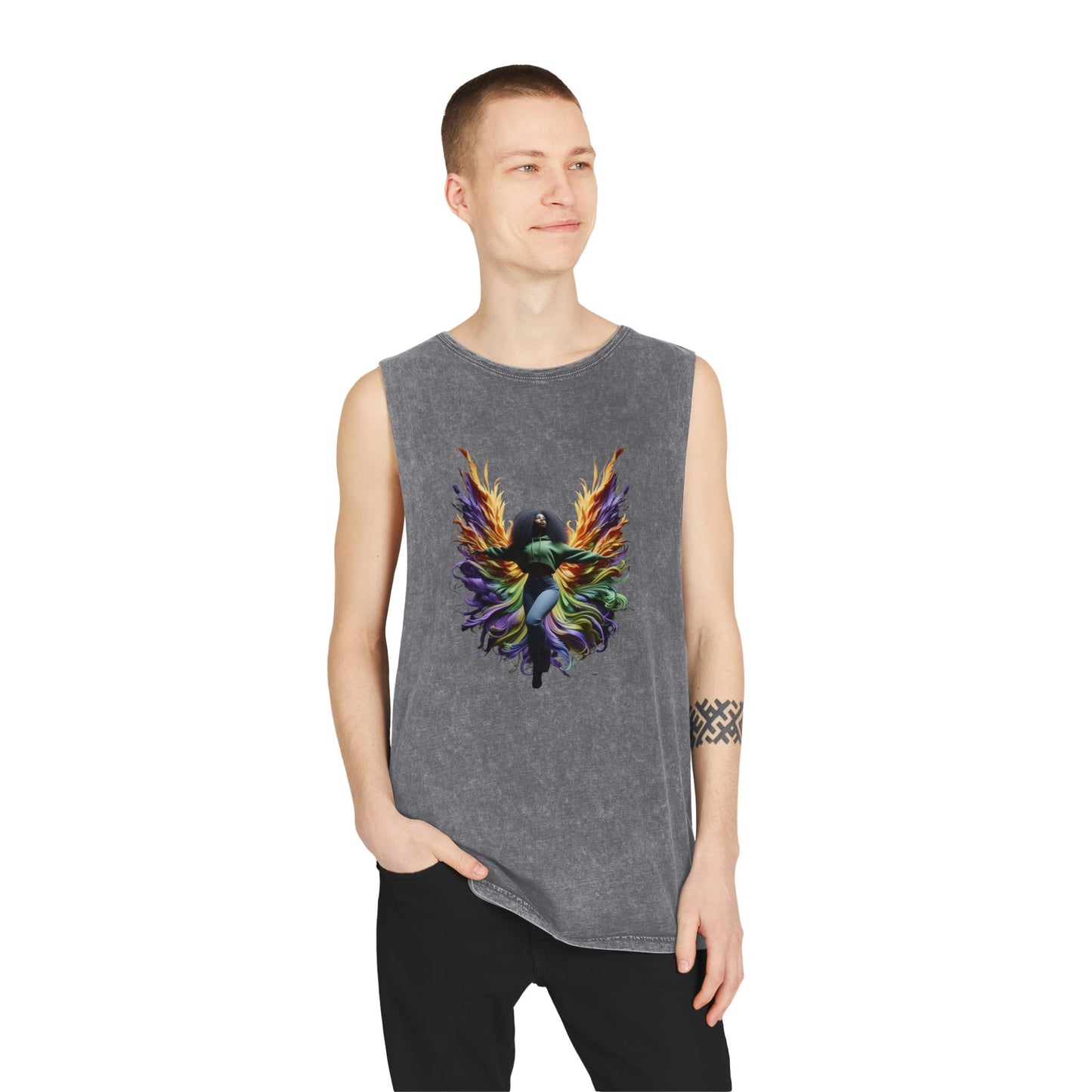 Colorful Angel Wings Tank Top, Unisex Stonewash T-Shirt, Summer Apparel, Music Festival Outfit, Boho Style Clothing