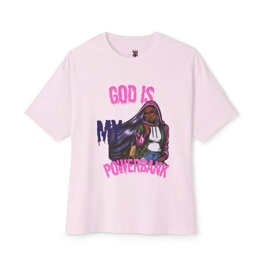 Empowering Graphic Tee - "God is My Powersbank" Unisex Oversized Boxy Tee, Inspirational Shirt, Casual Wear, Street Style, Daily Comfort