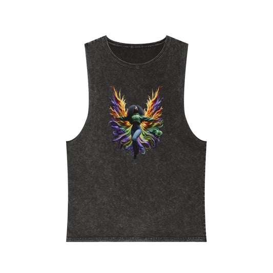 Colorful Angel Wings Tank Top, Unisex Stonewash T-Shirt, Summer Apparel, Music Festival Outfit, Boho Style Clothing
