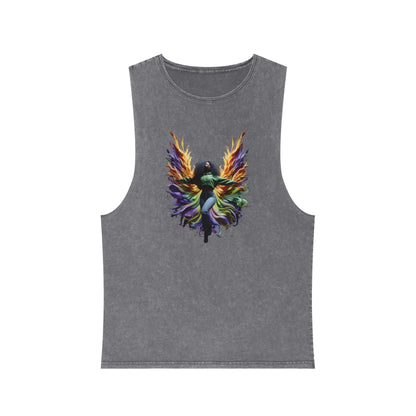 Colorful Angel Wings Tank Top, Unisex Stonewash T-Shirt, Summer Apparel, Music Festival Outfit, Boho Style Clothing